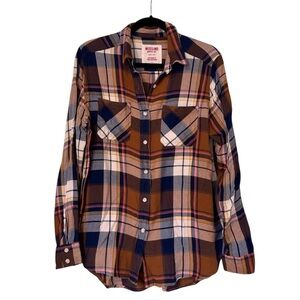 Mossimo Boyfriend Fit Plaid Button Down Shirt Womens Medium Brown Navy